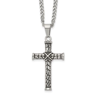Chisel Stainless Steel Antiqued and Polished Cross Pendant on a 22 inch Curb Chain Necklace