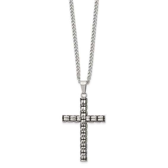 Chisel Stainless Steel Polished and Antiqued Woven Cross Pendant on a 22 inch Curb Chain Necklace