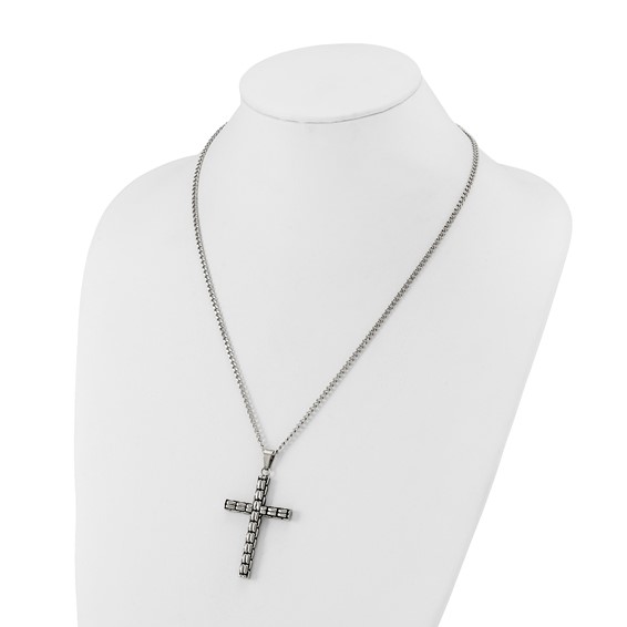 Chisel Stainless Steel Polished and Antiqued Woven Cross Pendant on a 22 inch Curb Chain Necklace