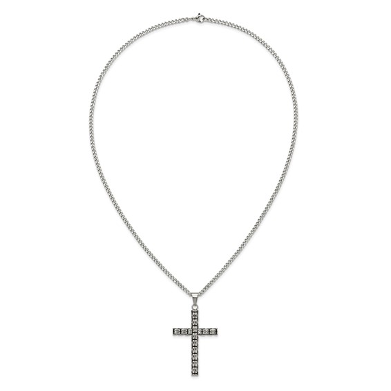 Chisel Stainless Steel Polished and Antiqued Woven Cross Pendant on a 22 inch Curb Chain Necklace