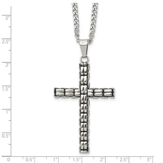 Chisel Stainless Steel Polished and Antiqued Woven Cross Pendant on a 22 inch Curb Chain Necklace