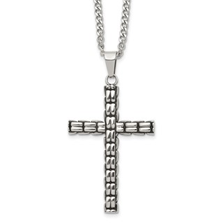 Chisel Stainless Steel Polished and Antiqued Woven Cross Pendant on a 22 inch Curb Chain Necklace