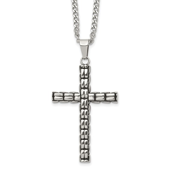 Chisel Stainless Steel Polished and Antiqued Woven Cross Pendant on a 22 inch Curb Chain Necklace