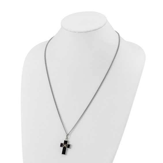 Chisel Stainless Steel Polished with 14K Accent and .01ct Diamond DAD with Black Enamel Cross Pendant on a 24 inch Curb Chain Necklace
