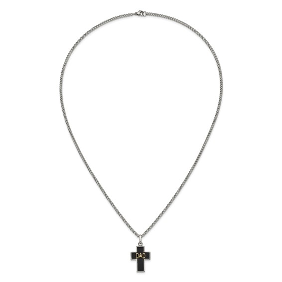 Chisel Stainless Steel Polished with 14K Accent and .01ct Diamond DAD with Black Enamel Cross Pendant on a 24 inch Curb Chain Necklace