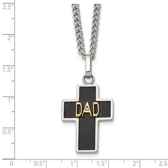 Chisel Stainless Steel Polished with 14K Accent and .01ct Diamond DAD with Black Enamel Cross Pendant on a 24 inch Curb Chain Necklace