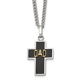 Chisel Stainless Steel Polished with 14K Accent and .01ct Diamond DAD with Black Enamel Cross Pendant on a 24 inch Curb Chain Necklace