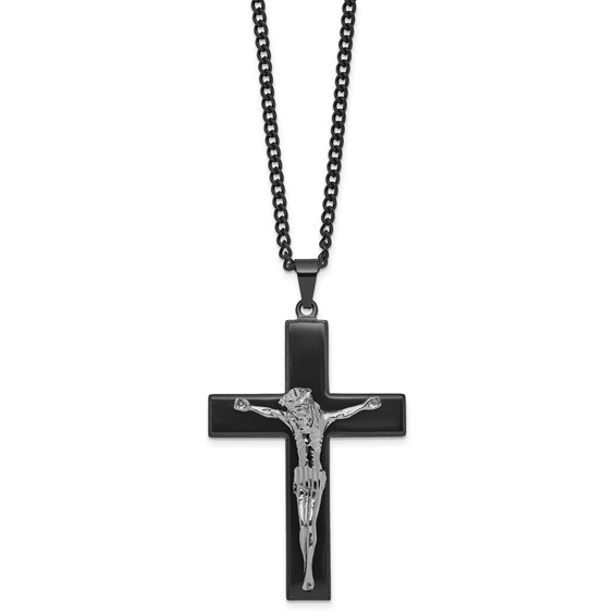 Stainless Steel Polished Black IP-plated Crucifix 24in Necklace