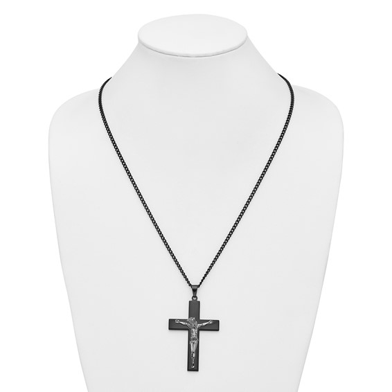 Stainless Steel Polished Black IP-plated Crucifix 24in Necklace