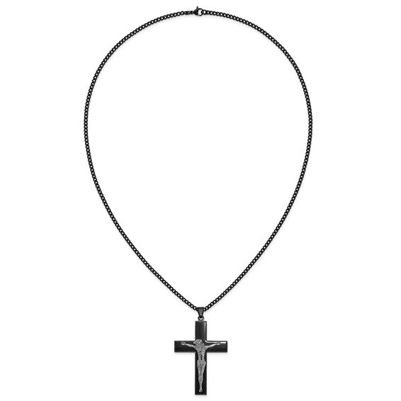 Stainless Steel Polished Black IP-plated Crucifix 24in Necklace