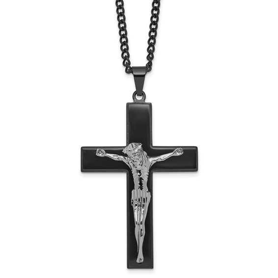 Stainless Steel Polished Black IP-plated Crucifix 24in Necklace