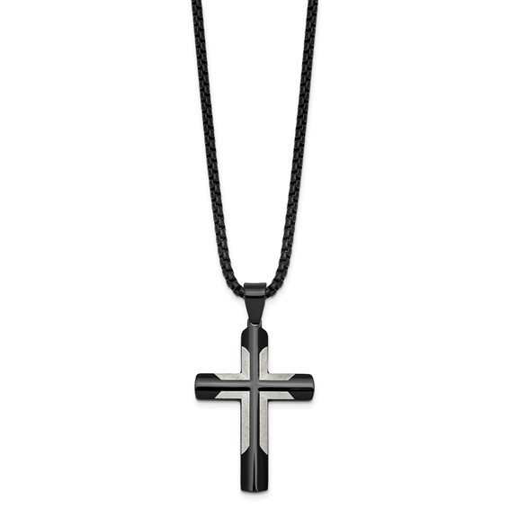 Stainless Steel Polished Black IP-plated with Satin Cross 20in Necklace