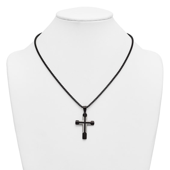 Stainless Steel Polished Black IP-plated with Satin Cross 20in Necklace