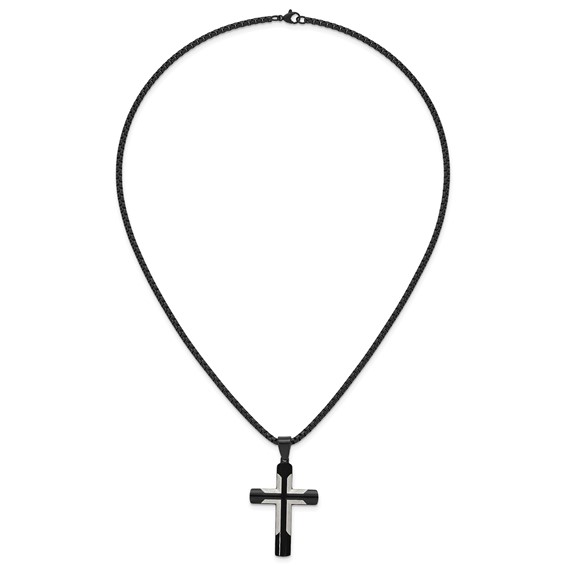 Stainless Steel Polished Black IP-plated with Satin Cross 20in Necklace