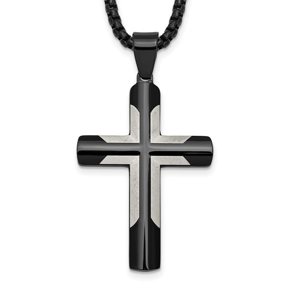 Stainless Steel Polished Black IP-plated with Satin Cross 20in Necklace