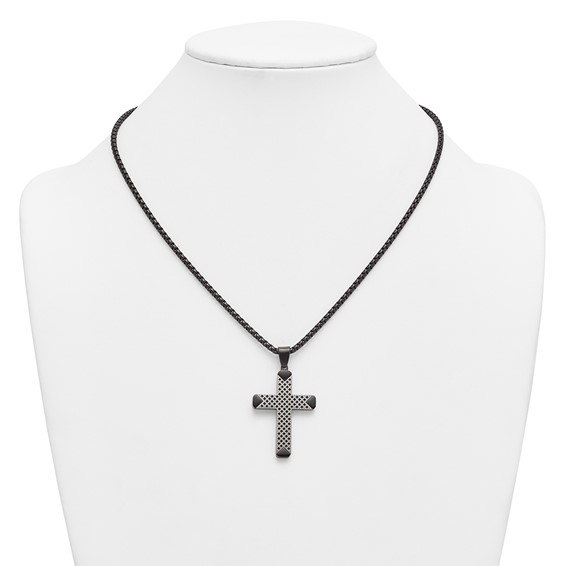 Stainless Steel Brushed and Polished Black IP-plated Cross 20in Necklace