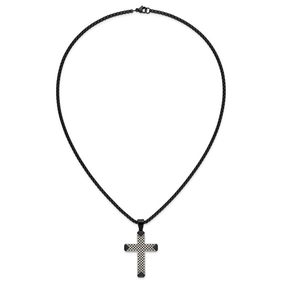 Stainless Steel Brushed and Polished Black IP-plated Cross 20in Necklace