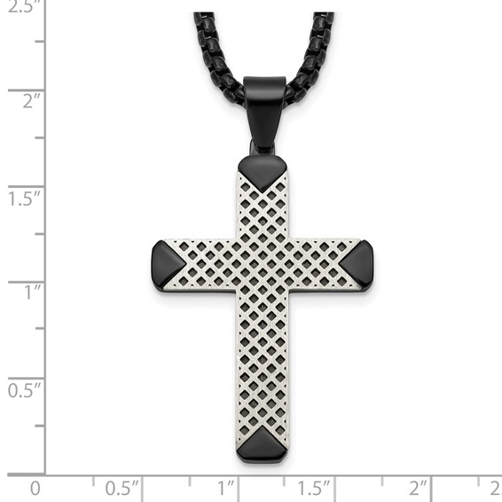 Stainless Steel Brushed and Polished Black IP-plated Cross 20in Necklace
