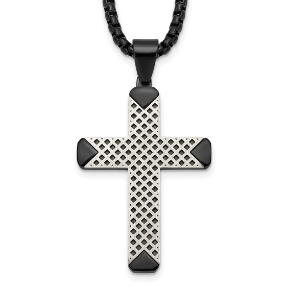 Stainless Steel Brushed and Polished Black IP-plated Cross 20in Necklace