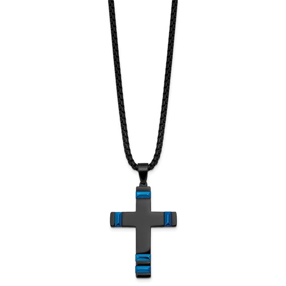 Stainless Steel Polished Black and Blue IP-plated Cross 20in Necklace