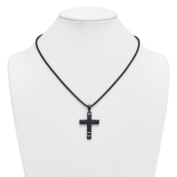 Stainless Steel Polished Black and Blue IP-plated Cross 20in Necklace