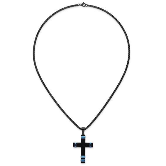 Stainless Steel Polished Black and Blue IP-plated Cross 20in Necklace
