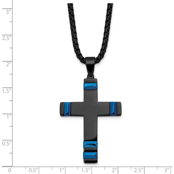 Stainless Steel Polished Black and Blue IP-plated Cross 20in Necklace