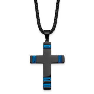 Stainless Steel Polished Black and Blue IP-plated Cross 20in Necklace