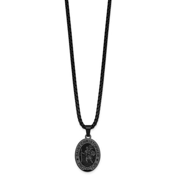 Stainless Steel Polished Black IP-plated St. Christopher 20in Necklace
