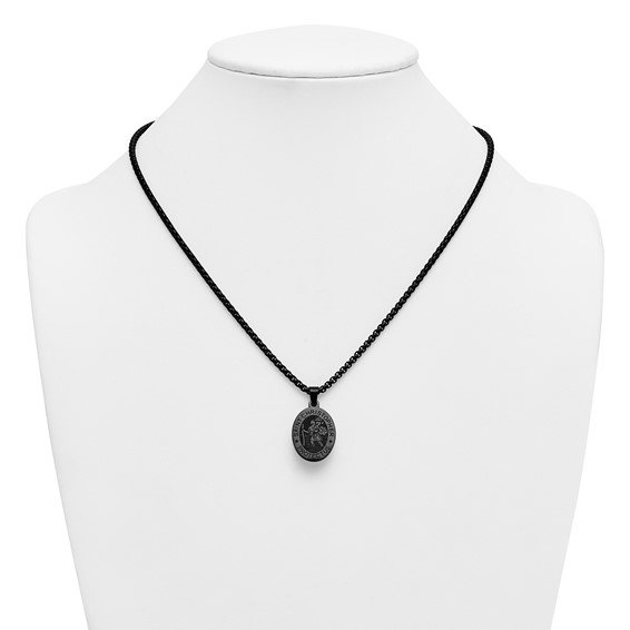 Stainless Steel Polished Black IP-plated St. Christopher 20in Necklace