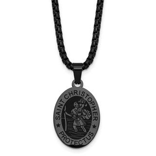 Stainless Steel Polished Black IP-plated St. Christopher 20in Necklace