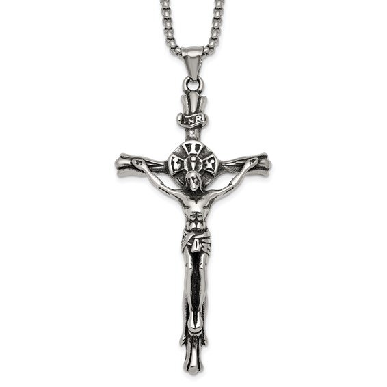 Stainless Steel Polished INRI Crucifix 22in Necklace