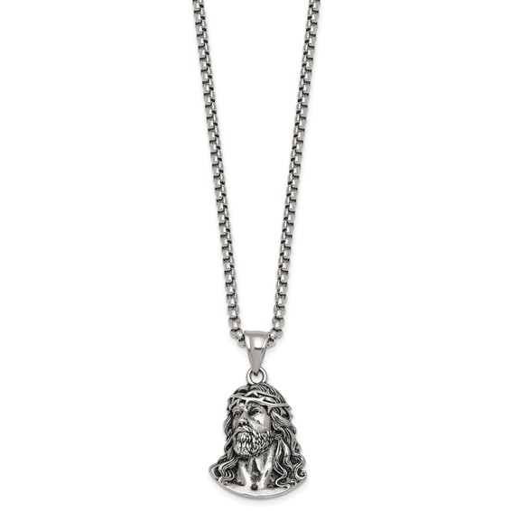 Stainless Steel Antiqued and Polished Jesus 22in Necklace