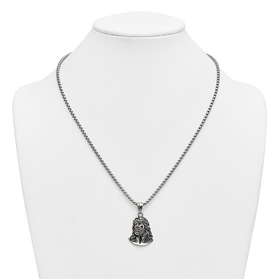 Stainless Steel Antiqued and Polished Jesus 22in Necklace