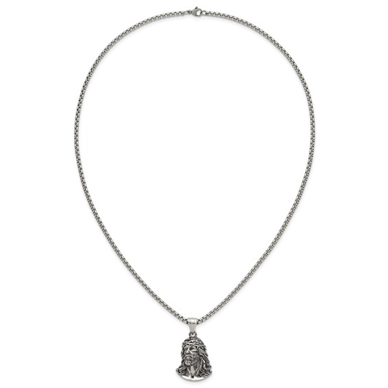 Stainless Steel Antiqued and Polished Jesus 22in Necklace