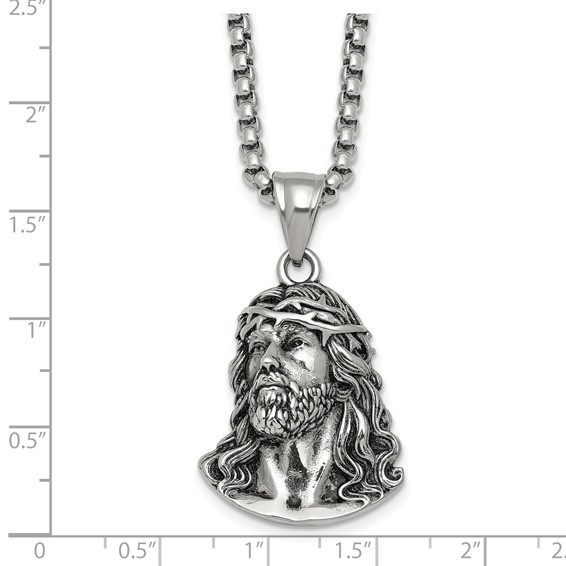 Stainless Steel Antiqued and Polished Jesus 22in Necklace