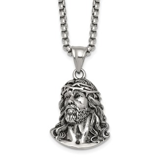 Stainless Steel Antiqued and Polished Jesus 22in Necklace