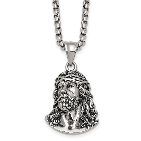 Stainless Steel Antiqued and Polished Jesus 22in Necklace