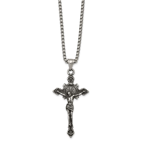 Stainless Steel Antiqued and Polished INRI Crucifix 22in Necklace