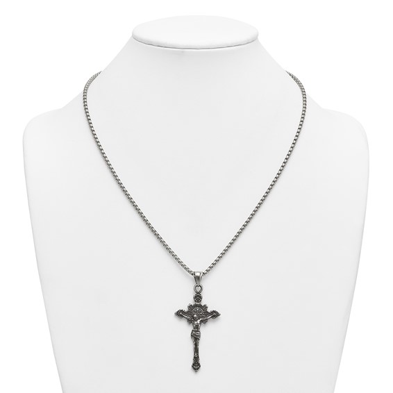 Stainless Steel Antiqued and Polished INRI Crucifix 22in Necklace