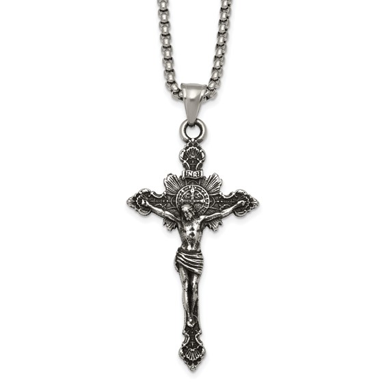 Stainless Steel Antiqued and Polished INRI Crucifix 22in Necklace