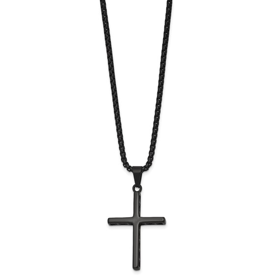 Stainless Steel Polished Black IP Cross w/Cross Design on Sides Necklace