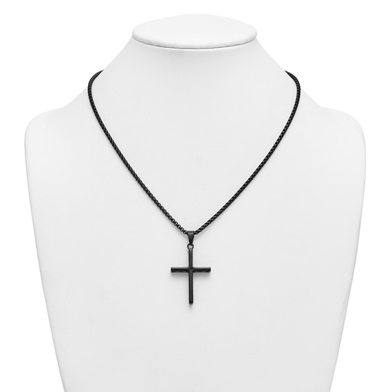 Stainless Steel Polished Black IP Cross w/Cross Design on Sides Necklace