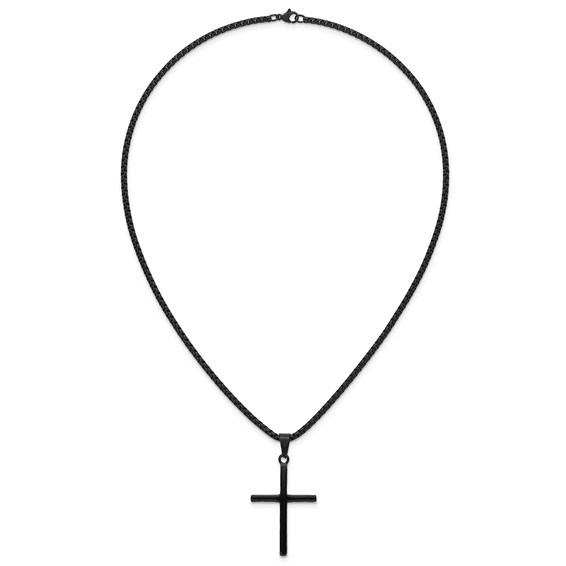 Stainless Steel Polished Black IP Cross w/Cross Design on Sides Necklace