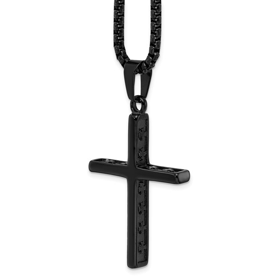 Stainless Steel Polished Black IP Cross w/Cross Design on Sides Necklace