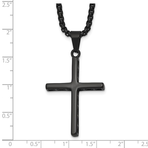 Stainless Steel Polished Black IP Cross w/Cross Design on Sides Necklace
