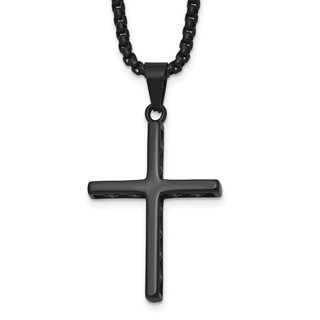 Stainless Steel Polished Black IP Cross w/Cross Design on Sides Necklace
