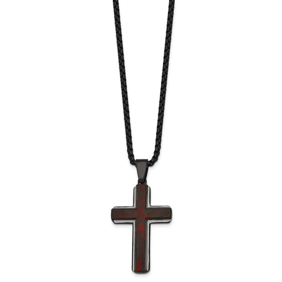 Stainless Steel Polished Blk IP Blk/Red Forged Carbon Fiber Cross Necklace