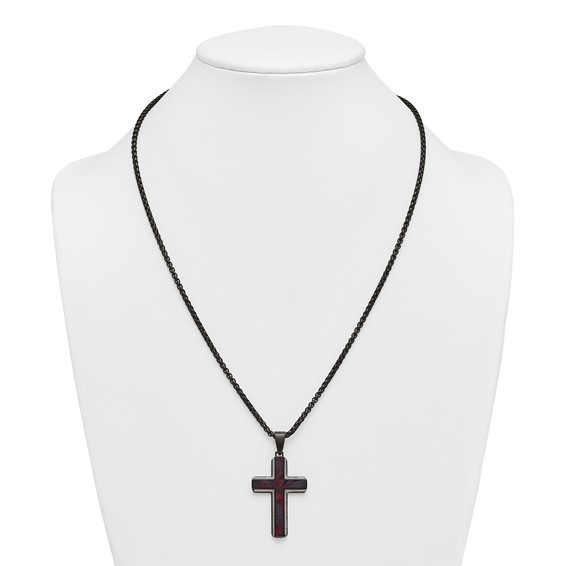 Stainless Steel Polished Blk IP Blk/Red Forged Carbon Fiber Cross Necklace