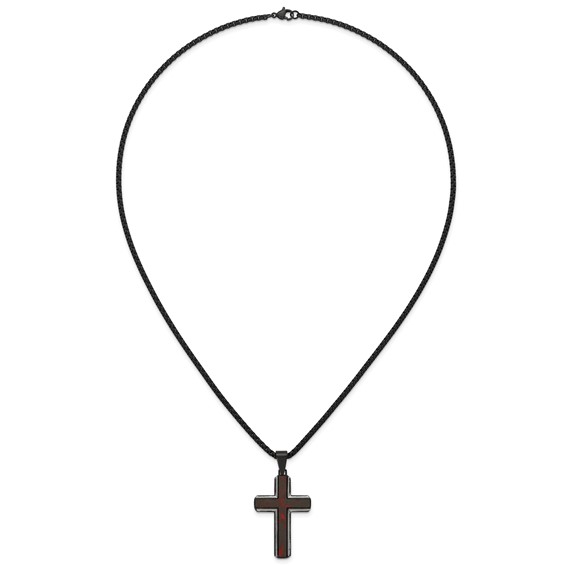 Stainless Steel Polished Blk IP Blk/Red Forged Carbon Fiber Cross Necklace
